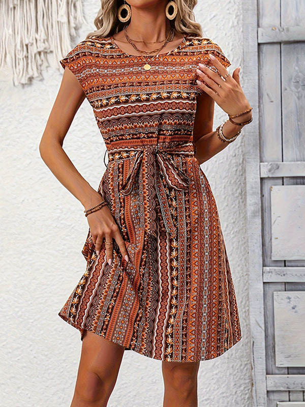 A-Line Loose Printed Tied Waist Round-Neck Mini Dresses