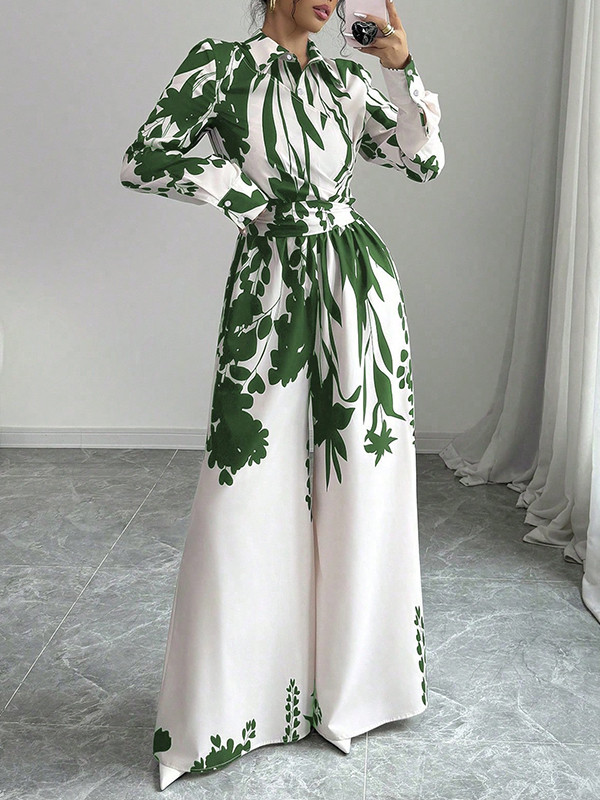 Long Sleeves Loose Floral Printed Split-Joint Tied Waist Lapel Jumpsuits