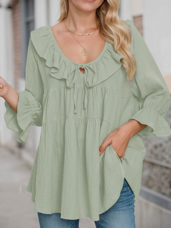 Tooluck Women'S Round Neck 3\u002F4 Long Sleeve Casual Lace-Up Front Ruffled Multi-Layered Loose Belted Shirt