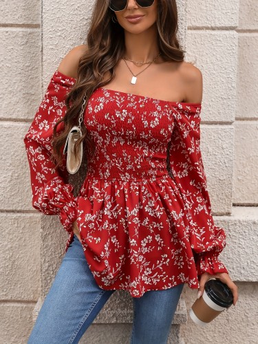 Polyester Floral Print Blouse Machine Washable Polyester Vintage Floral Print Blouse - Off-Shoulder Design, Long Sleeve, Square Neck for Women