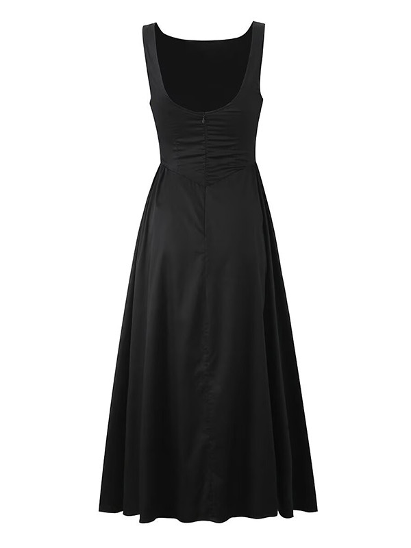 A-Line Loose No Belt Pleated Solid Color Zipper Round-Neck Midi Dresses