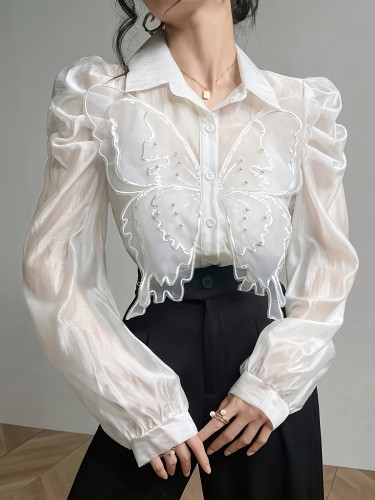 Ladies Butterfly Decoration Ruffle Sleeve Shirt, Elegant Lapel Collar, Solid Color, Polyester, Woven, 50g\u002Fm², Button Details, for Adult, Summer