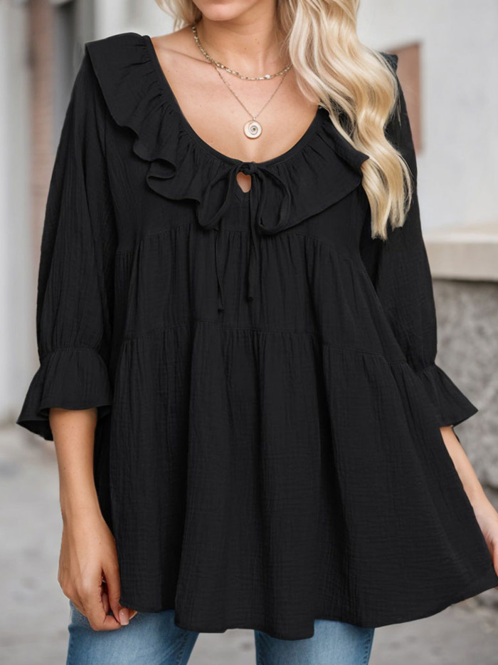 Tooluck Women'S Round Neck 3\u002F4 Long Sleeve Casual Lace-Up Front Ruffled Multi-Layered Loose Belted Shirt