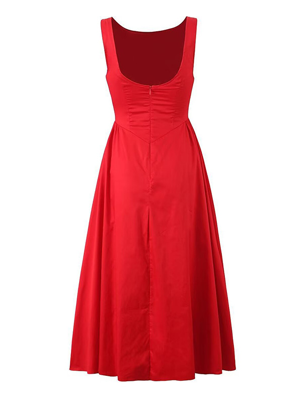 A-Line Loose No Belt Pleated Solid Color Zipper Round-Neck Midi Dresses