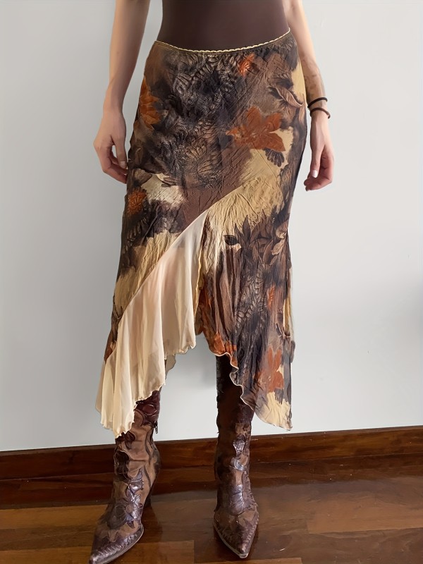 Vintage Style Camouflage Print Skirt for Women - Mid-Length Asymmetrical Hemline with Ruffle Detail, Knit Fabric, Polyester, Middle East Series