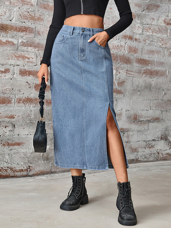 A-Line High Waisted Elasticity Pockets Split-Side Skirts Bottoms