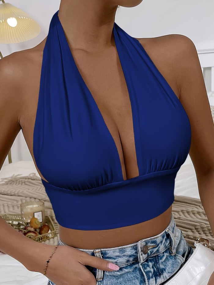Vacation Style Backless Summer Crop Top - Solid V-neck Halter - Women's Clothing
