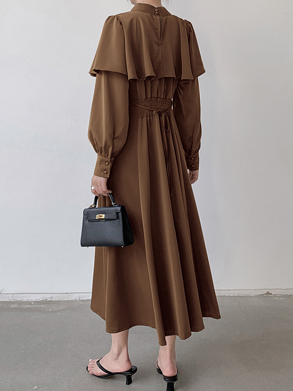 A-Line Long Sleeves Ruffle Trim Solid Color Tied Waist Mock Neck Midi Dresses
