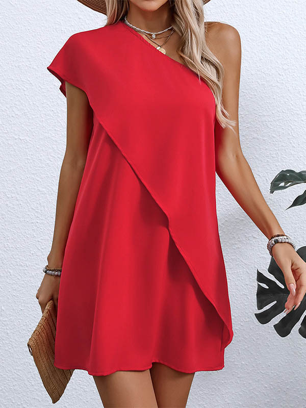 A-Line False Two Asymmetric Solid Color One-Shoulder Mini Dresses