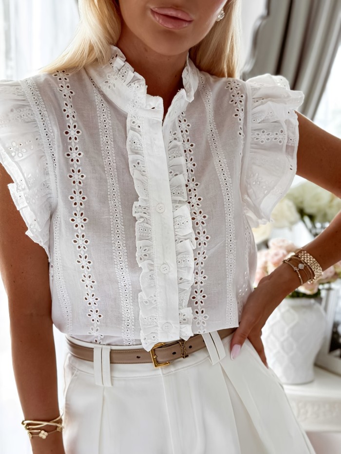 Women'S Elegant Embroidered Ruffle Sleeve Top, Casual V-Neck Polyester Rayon Blend, Solid Color Summer Woven Blouse, 100 g\u002Fm² Lightweight Fabric, Perfect for Adult - Woven