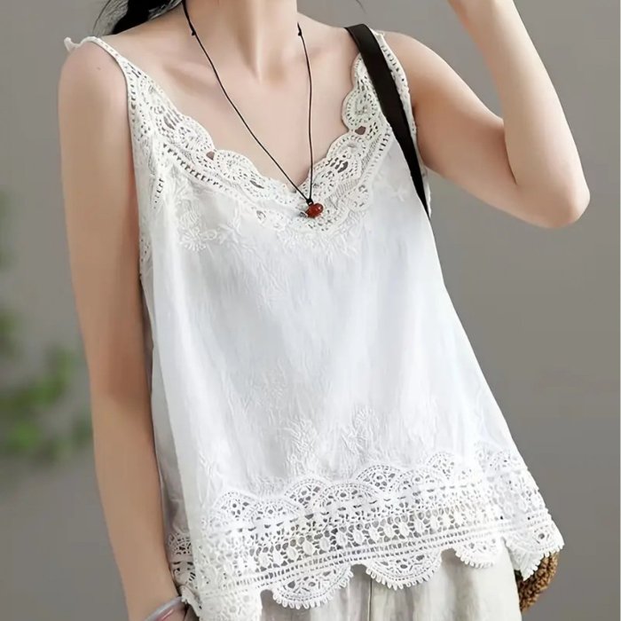 Chic Lace Embroidery V-Neck Cami Top - Breathable Polyester, Semi-Sheer, Perfect for Summer & Beach Outings