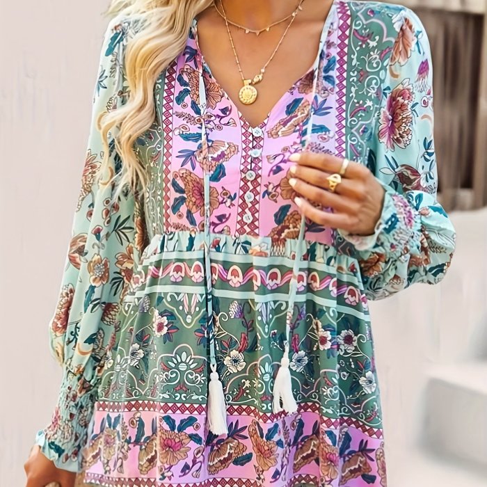 Women's Elegant Floral Print V-Neck Blouse with Tassel Details, Lantern Sleeves & Ruffle Hem - Machine Washable Rayon Fabric - Perfect for Spring, Summer & Fall, Ladies Blouses