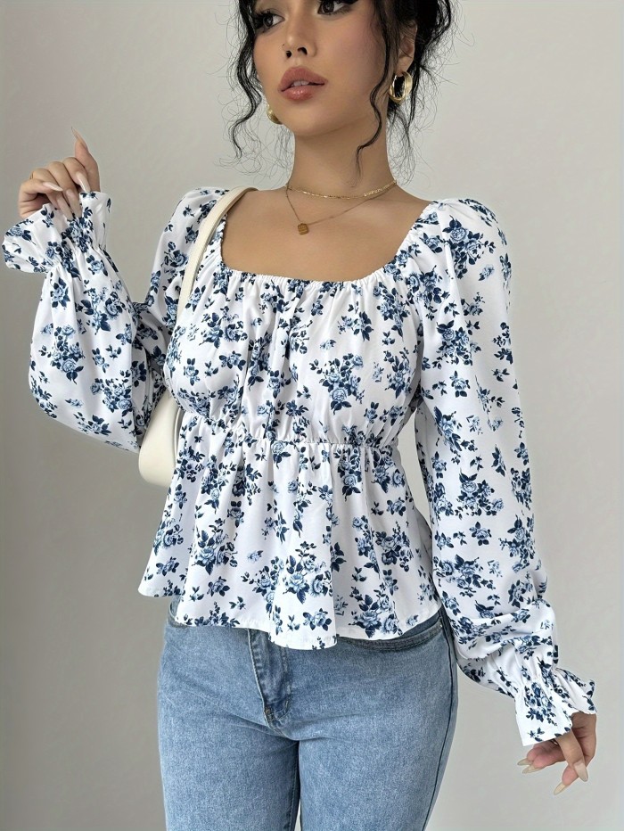 Elegant Floral Print Polyester Blouse - Long Sleeve, Ruched Waist, Puff Sleeves, Square Neck, Adult Size, Woven Fabric, Spring\u002FSummer Fashion Top
