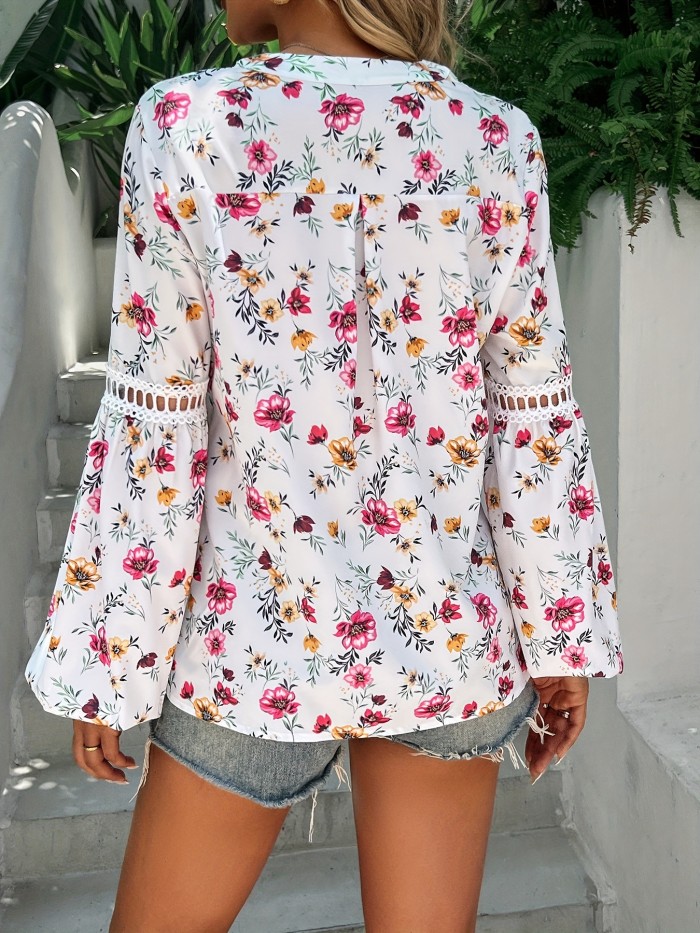 Vibrant Floral Print Long Sleeve Notched Neck Blouse - Casual Chic for Spring & Fall - Polyester Woven Shirting with Hollow Details, No Elasticity, and Random Printing