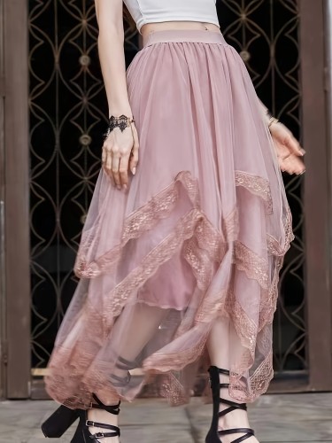 Elegant Women's Tulle Midi Skirt - Light Pink with Floral Lace Detail, Elastic Waistband, Multi-Layer Cake Design, 100% Polyester, Machine Washable - Perfect for Spring & Summer Fashion