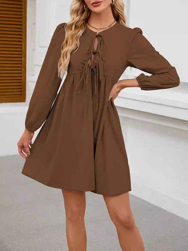 A-Line Loose Elasticity Hollow Lace-Up Pleated Solid Color Split-Joint Round-Neck Mini Dresses Shirt Dress
