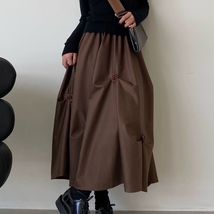 Women's A-Line Skirt with 3D Floral Embellishments, Vintage Polyester High-Waist Midi Skirt, Solid Color, Spring\u002FAutumn Fashion, Woven Fabric