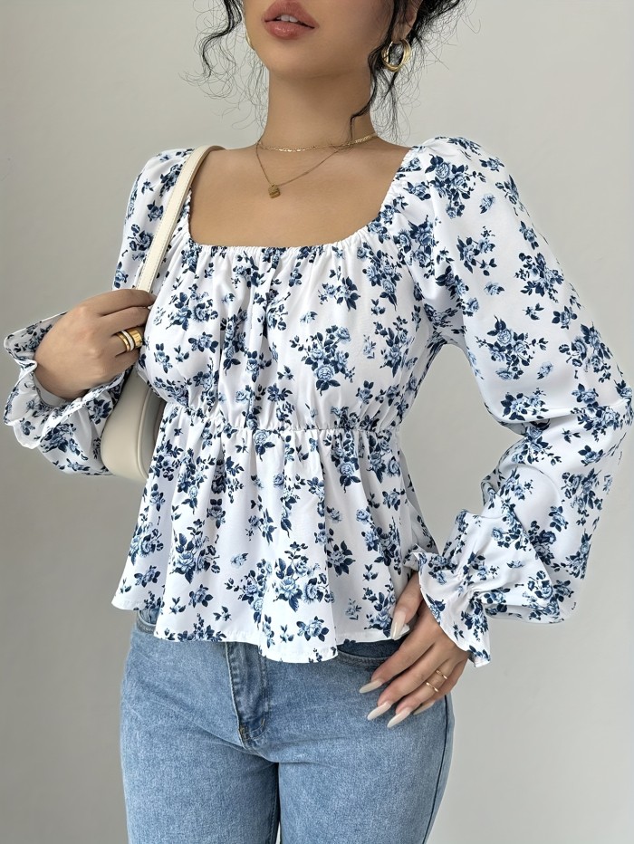 Elegant Floral Print Polyester Blouse - Long Sleeve, Ruched Waist, Puff Sleeves, Square Neck, Adult Size, Woven Fabric, Spring\u002FSummer Fashion Top