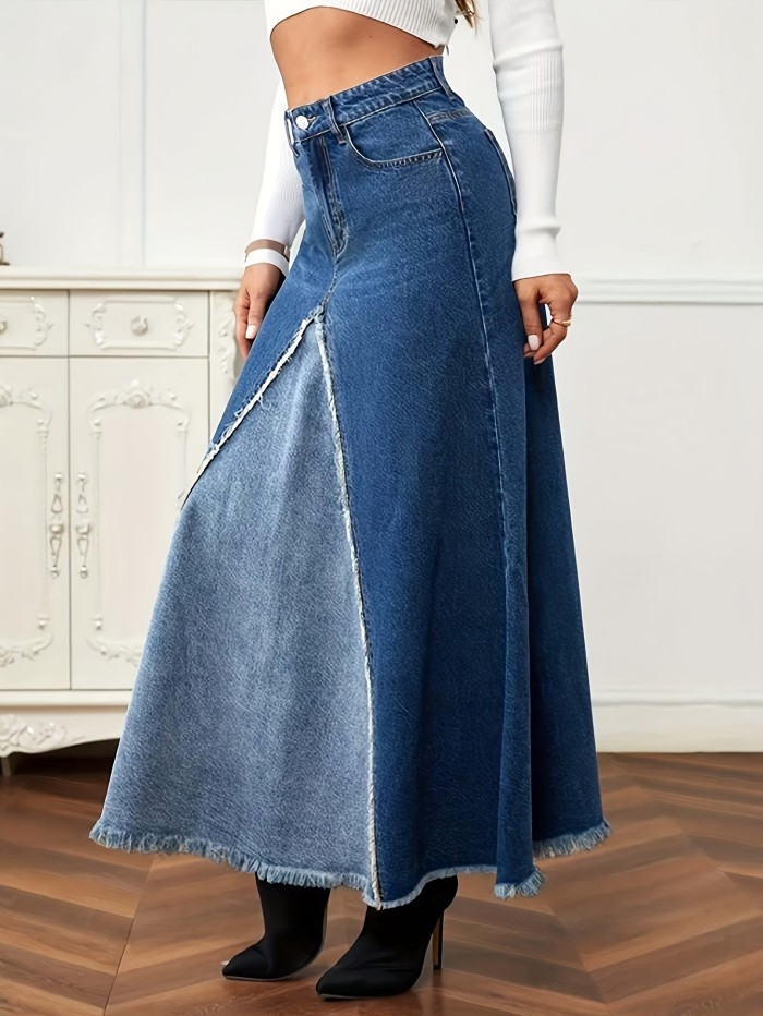 Women's Vintage-Inspired Long A-Line Denim Skirt with Raw Hem - High Waist, Frayed Detail, Machine Washable, Ideal for Spring\u002FSummer\u002FFall, Casual Wear Skirt | Highwaist Skirt | Glossy Fabric, High Waisted Skirt