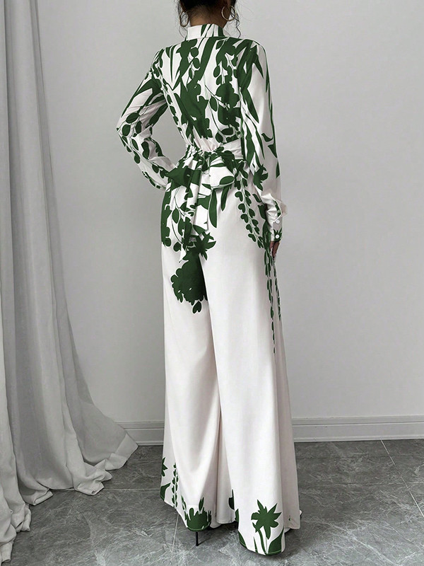 Long Sleeves Loose Floral Printed Split-Joint Tied Waist Lapel Jumpsuits