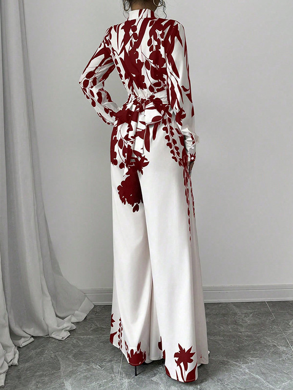 Long Sleeves Loose Floral Printed Split-Joint Tied Waist Lapel Jumpsuits