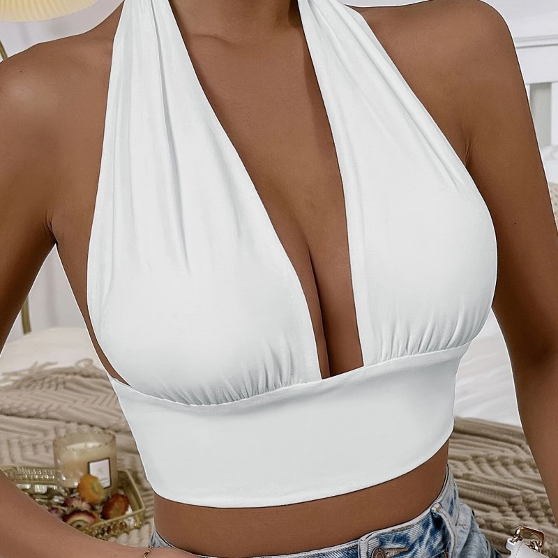 Vacation Style Backless Summer Crop Top - Solid V-neck Halter - Women's Clothing