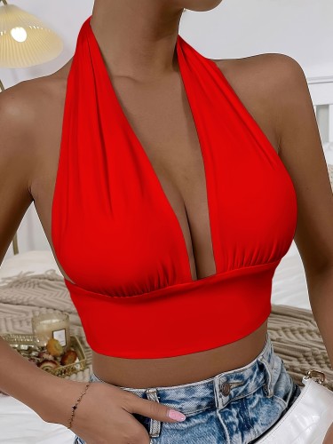 Vacation Style Backless Summer Crop Top - Solid V-neck Halter - Women's Clothing