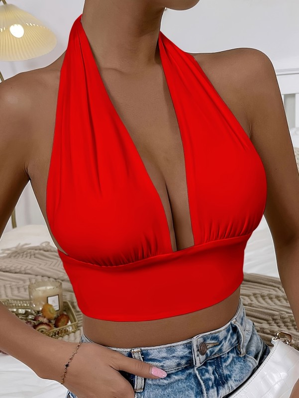 Vacation Style Backless Summer Crop Top - Solid V-neck Halter - Women's Clothing