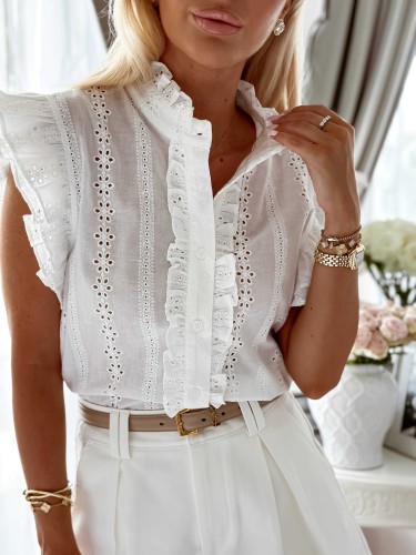 Women'S Elegant Embroidered Ruffle Sleeve Top, Casual V-Neck Polyester Rayon Blend, Solid Color Summer Woven Blouse, 100 g\u002Fm² Lightweight Fabric, Perfect for Adult - Woven