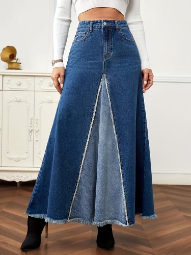 Women's Vintage-Inspired Long A-Line Denim Skirt with Raw Hem - High Waist, Frayed Detail, Machine Washable, Ideal for Spring\u002FSummer\u002FFall, Casual Wear Skirt | Highwaist Skirt | Glossy Fabric, High Waisted Skirt