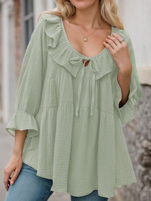 Tooluck Women'S Round Neck 3\u002F4 Long Sleeve Casual Lace-Up Front Ruffled Multi-Layered Loose Belted Shirt