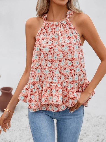 Shirt with a Floral Print, Lace-Up Design, And Ruffled Hem.