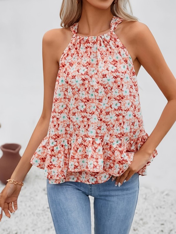 Shirt with a Floral Print, Lace-Up Design, And Ruffled Hem.