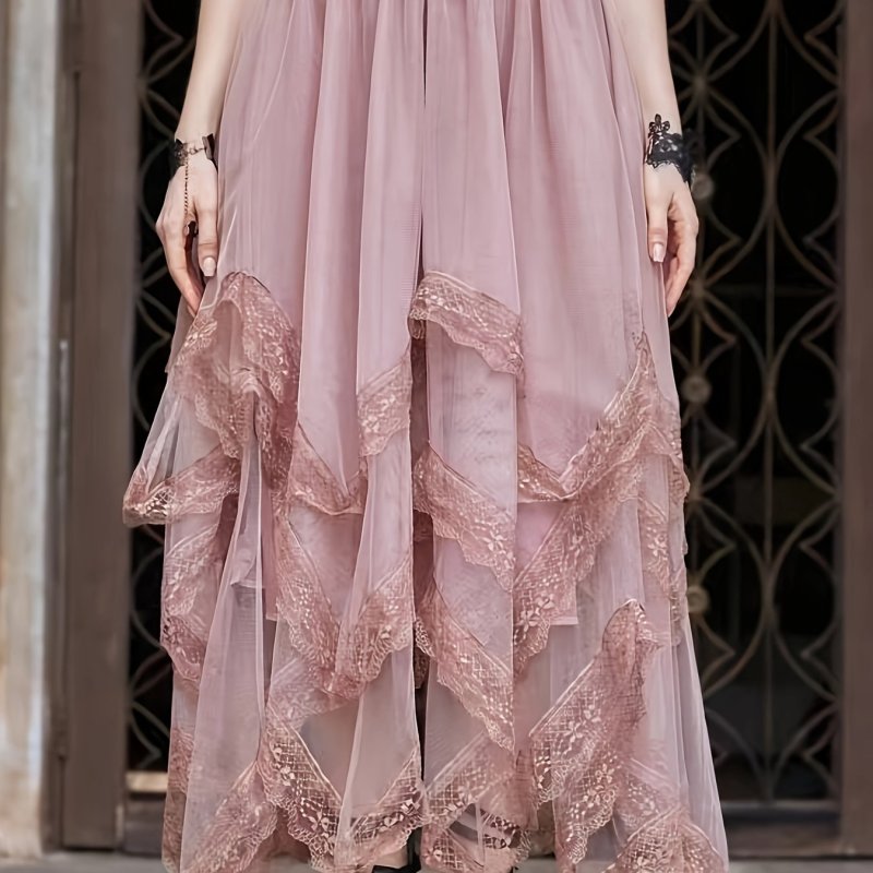 Elegant Women's Tulle Midi Skirt - Light Pink with Floral Lace Detail, Elastic Waistband, Multi-Layer Cake Design, 100% Polyester, Machine Washable - Perfect for Spring & Summer Fashion