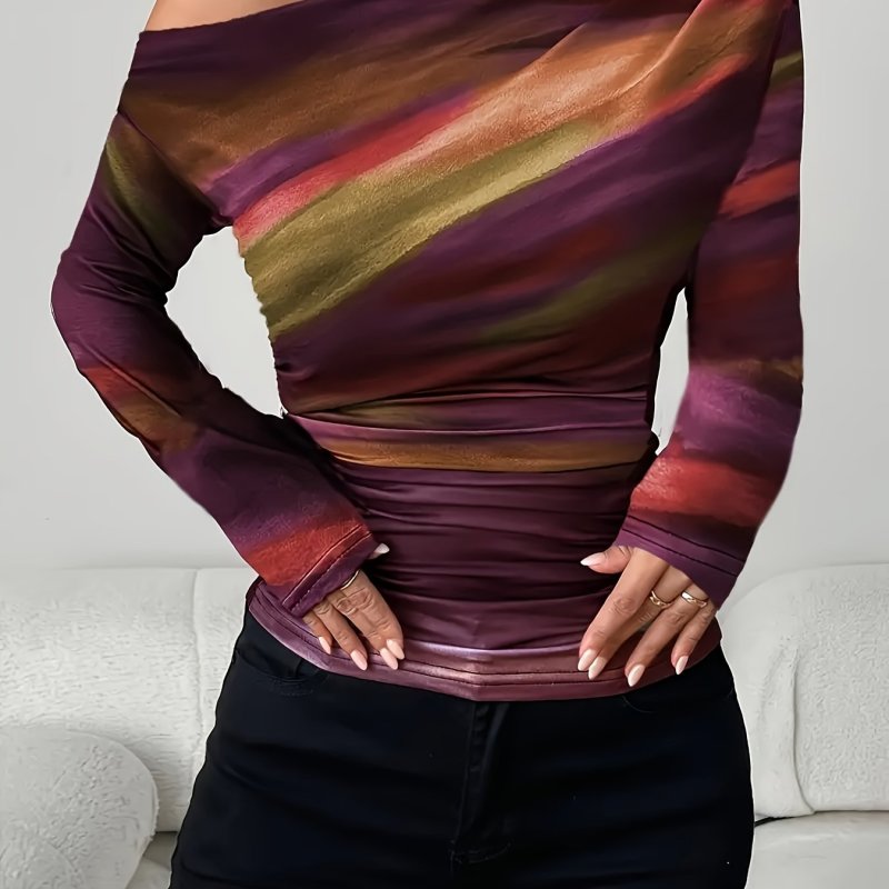 Stylish Women's One-Shoulder Neck Tie Dye Long Sleeve Slim Fit Knit Top, Polyester and Spandex Blend for All-Season Wear