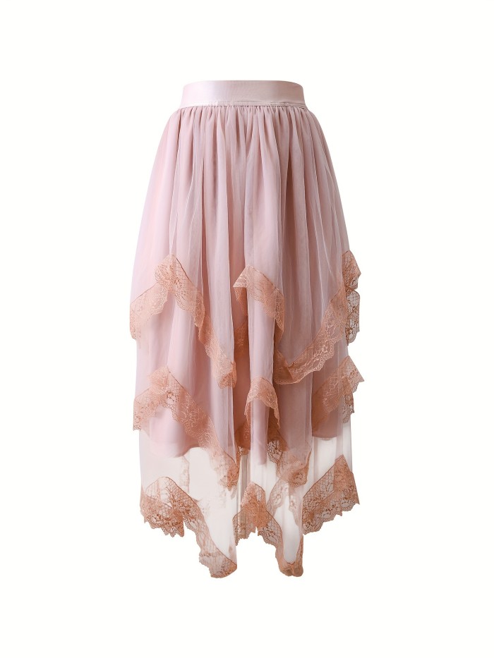 Elegant Women's Tulle Midi Skirt - Light Pink with Floral Lace Detail, Elastic Waistband, Multi-Layer Cake Design, 100% Polyester, Machine Washable - Perfect for Spring & Summer Fashion