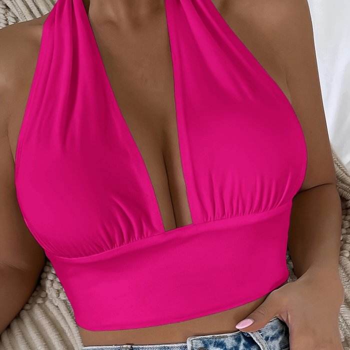 Vacation Style Backless Summer Crop Top - Solid V-neck Halter - Women's Clothing