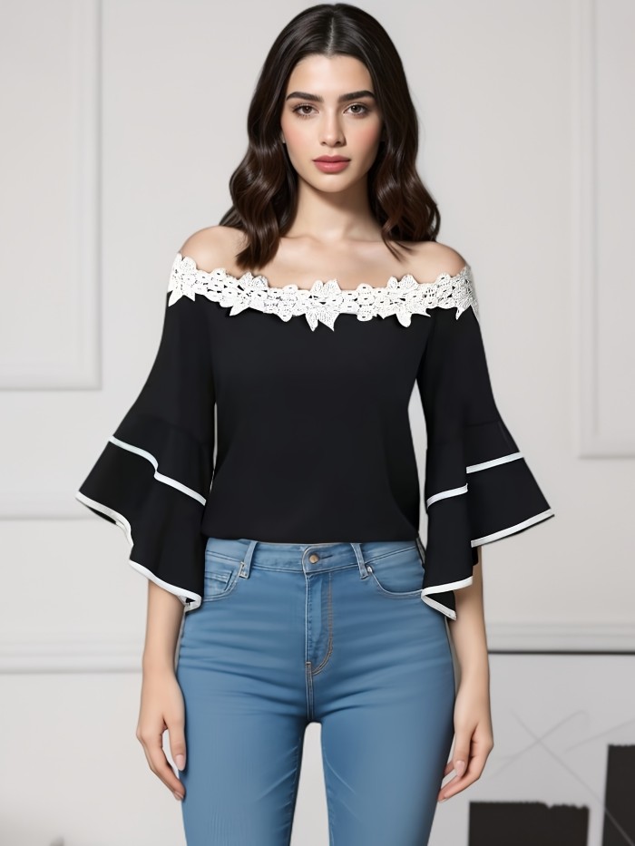 1pc Sexy Off-Shoulder Lace Trim Color Block Ruffle Sleeve Top, Polyester 95% Spandex 5% Woven Blouse for Women, Spring\u002FFall Fashion