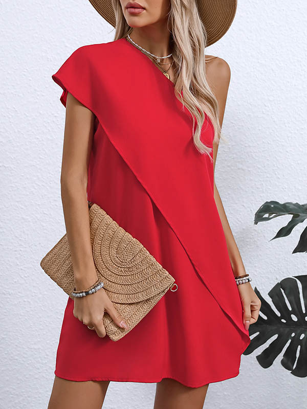 A-Line False Two Asymmetric Solid Color One-Shoulder Mini Dresses