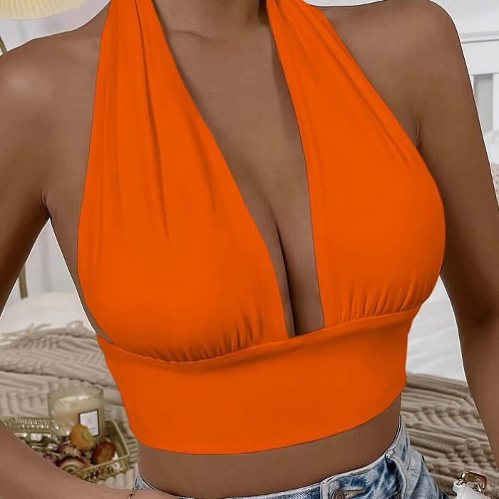 Vacation Style Backless Summer Crop Top - Solid V-neck Halter - Women's Clothing