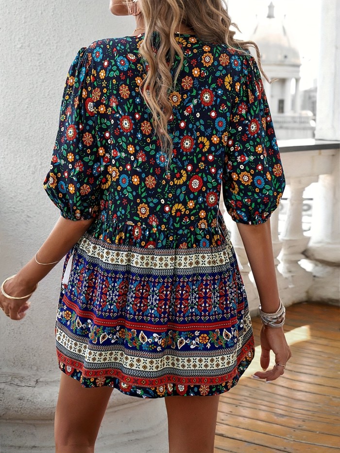 Long Sleeve Elegant V Neck Floral Print Blouse - Button Front, Relaxed Fit, Machine Washable, Summer Vacation Essential - Polyester Shirting Top for Women
