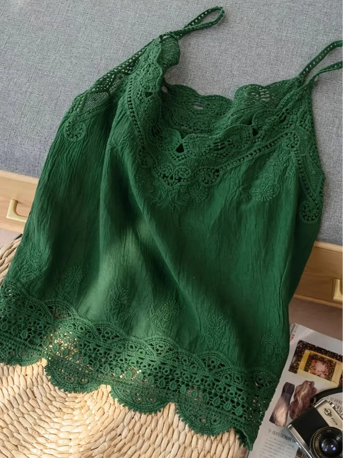 Chic Lace Embroidery V-Neck Cami Top - Breathable Polyester, Semi-Sheer, Perfect for Summer & Beach Outings