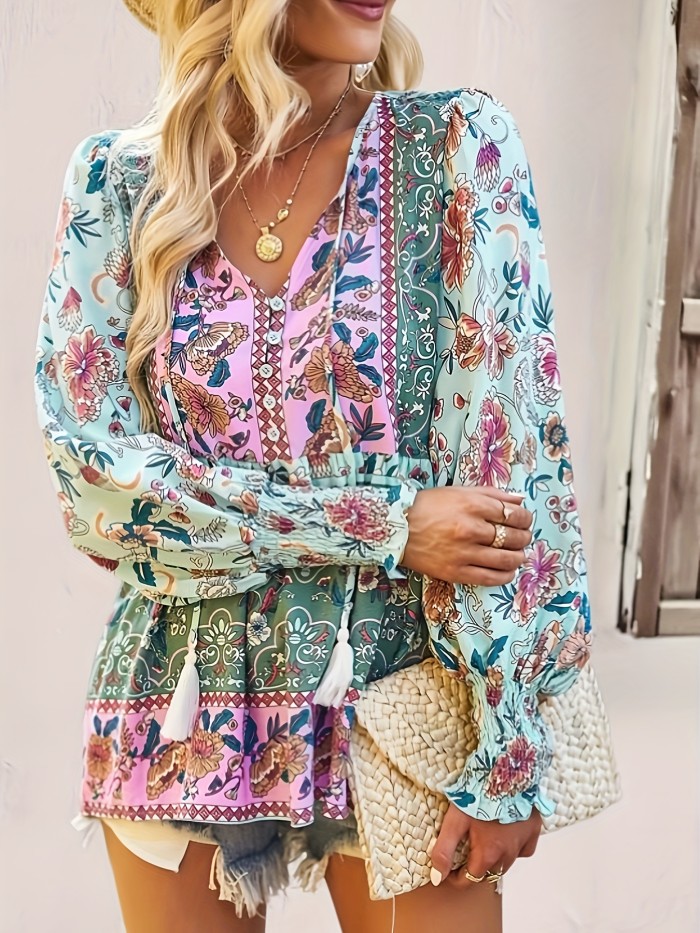 Women's Elegant Floral Print V-Neck Blouse with Tassel Details, Lantern Sleeves & Ruffle Hem - Machine Washable Rayon Fabric - Perfect for Spring, Summer & Fall, Ladies Blouses