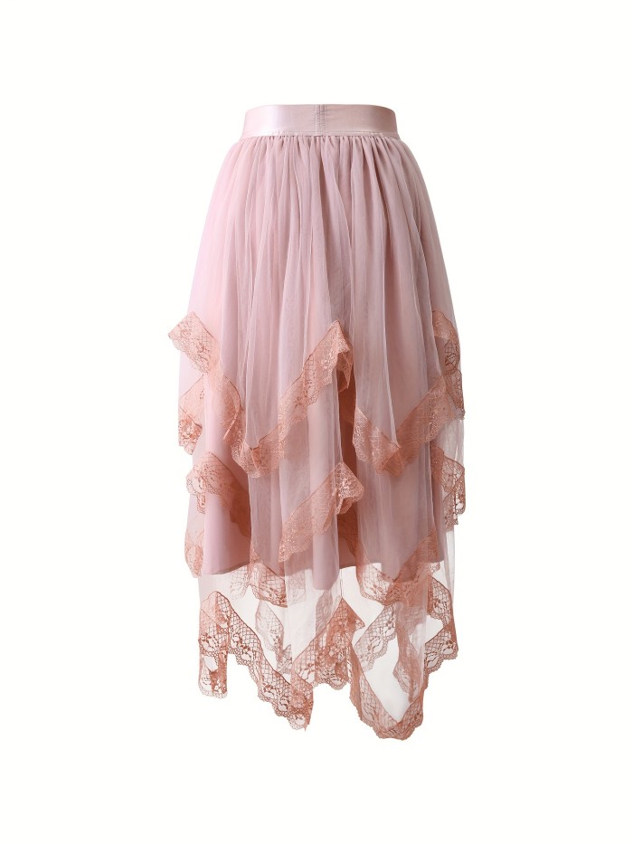 Elegant Women's Tulle Midi Skirt - Light Pink with Floral Lace Detail, Elastic Waistband, Multi-Layer Cake Design, 100% Polyester, Machine Washable - Perfect for Spring & Summer Fashion