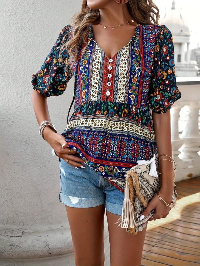 Long Sleeve Elegant V Neck Floral Print Blouse - Button Front, Relaxed Fit, Machine Washable, Summer Vacation Essential - Polyester Shirting Top for Women