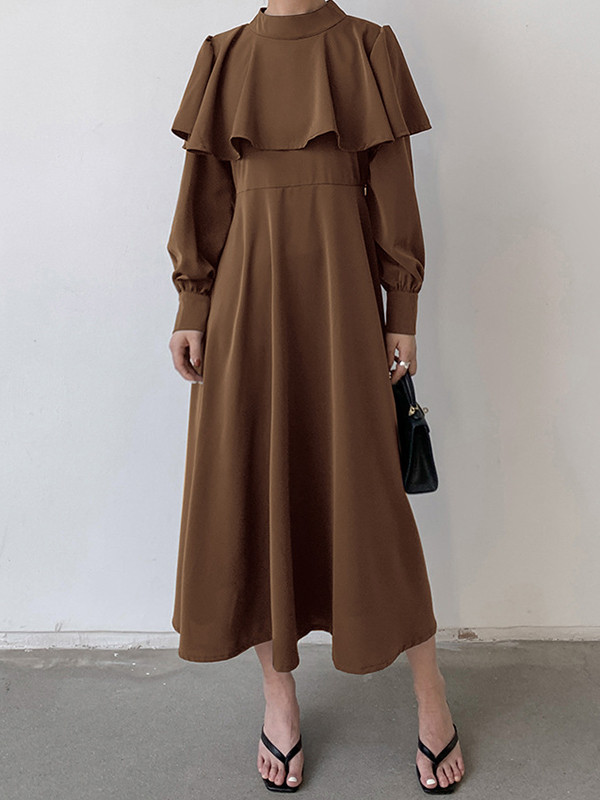 A-Line Long Sleeves Ruffle Trim Solid Color Tied Waist Mock Neck Midi Dresses
