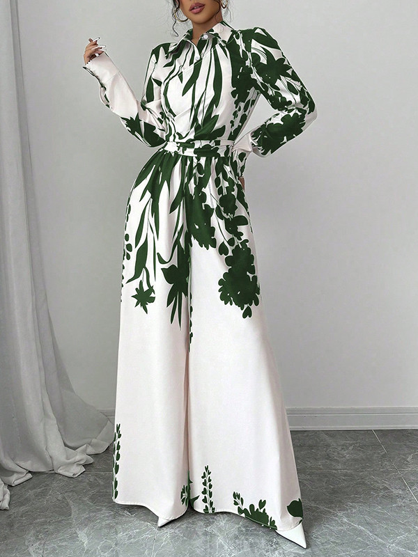 Long Sleeves Loose Floral Printed Split-Joint Tied Waist Lapel Jumpsuits