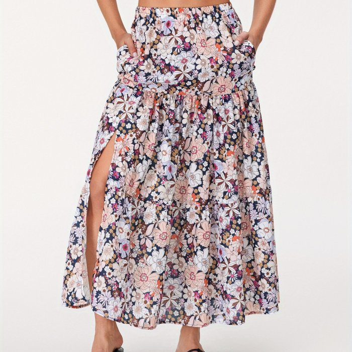 Women Vintage Long Skirt Elegant High Waist Floral Flowy Slit Skirt Summer Skirt for Casual Daily
