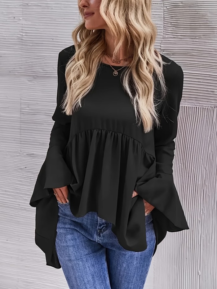 Elegant Women's Black Polyester Blouse with Ruffle Sleeves - Round Neck, Long Flowing Design, All-Season Fashion Top, Machine Washable