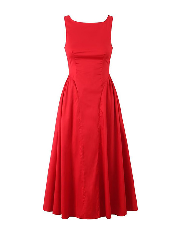 A-Line Loose No Belt Pleated Solid Color Zipper Round-Neck Midi Dresses